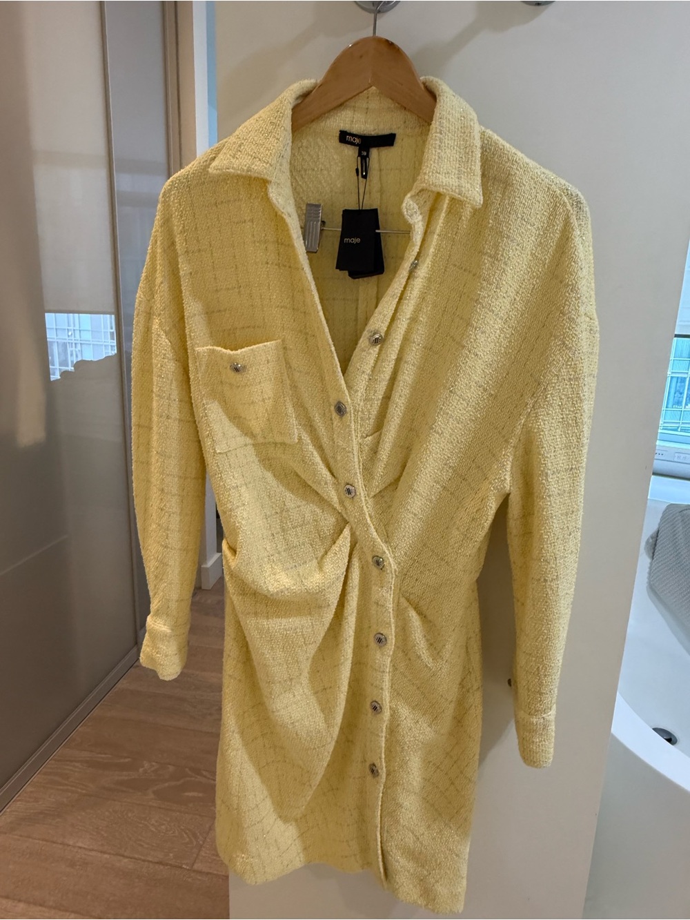 BNWT Maje Yellow Bouclé Button-Front Shirt Dress
